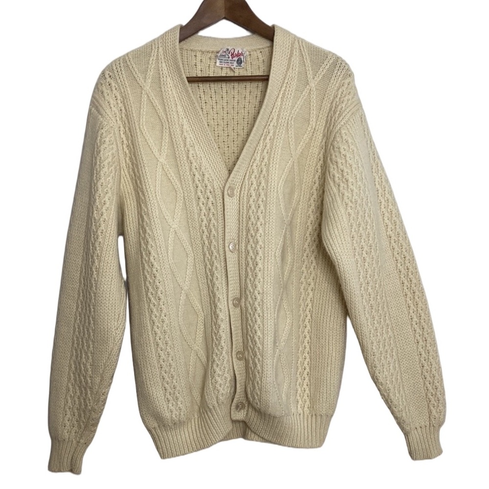 Vintage Wool Sweater Mens Large Cream Wool Cable Knit Retro Grampa Cardigan